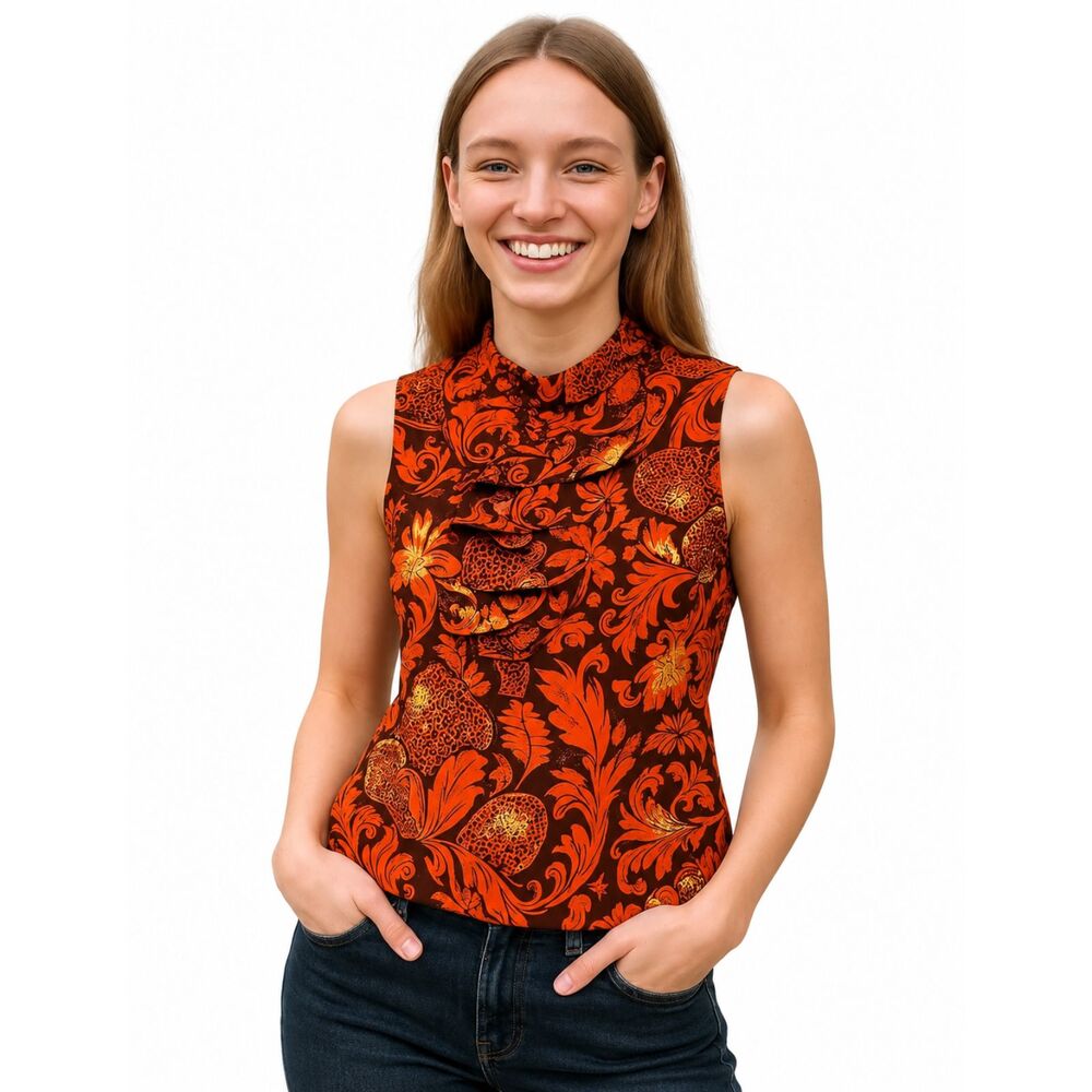 Anna Sui Womens Metallic Floral Blouse XS Orange Brown Sleeveless Y2K Designer